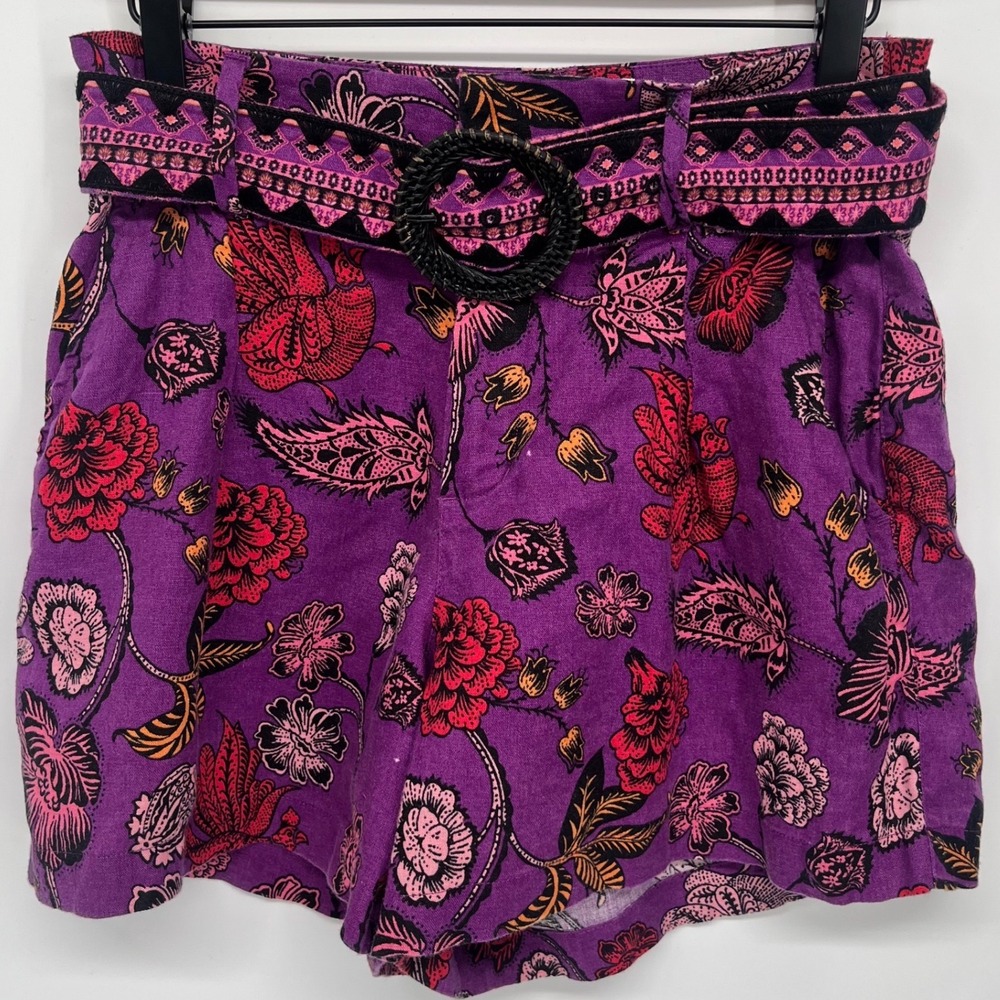 Nicole Miller New York Linen Shorts Womens 6 Purple Floral Belted High Rise Boho